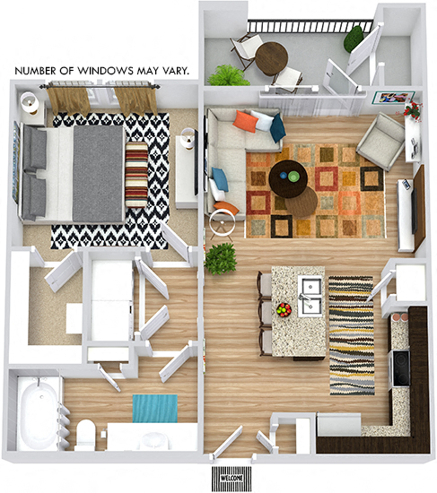 Floor plan for 1 bed, 1 bath, 650 sqft